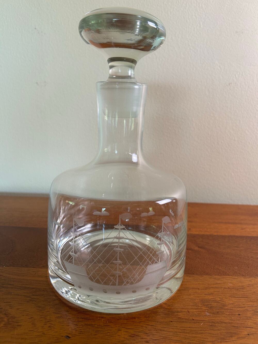 Vintage Etched Glass Decanter with Heavy Stopper, Krosno Poland Style Barware